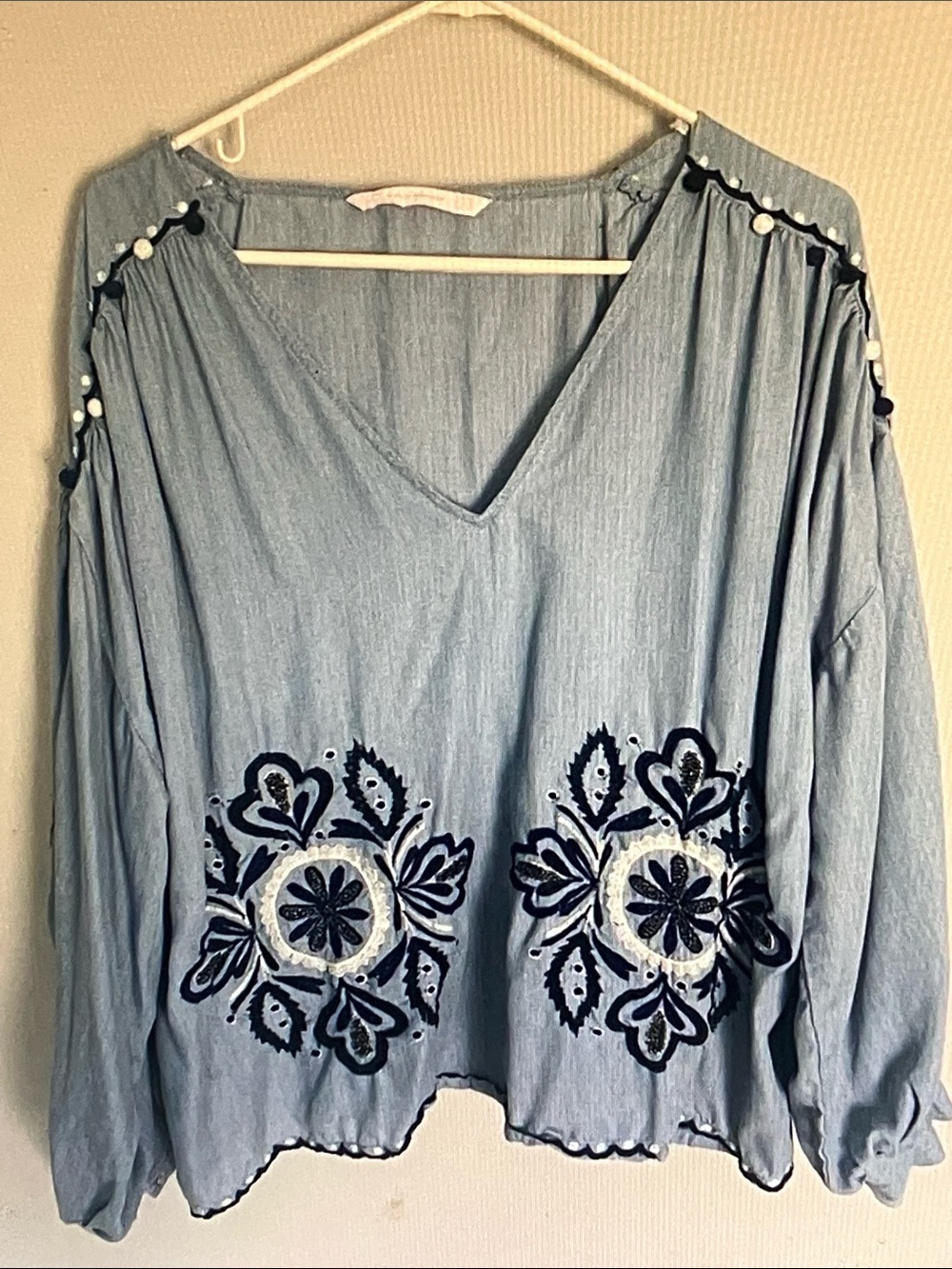Zara Light Blue V-Neck Embroidered Peasant Blouse